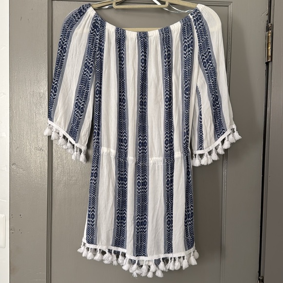 Blue island boho coverup dress tunic blue and white tassel shirt Medium - Picture 5 of 7